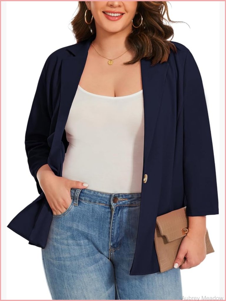 Plus Size Blazer Jacket 3/4 Ruched Sleeve Button Open Front Notch Lapel Pockets